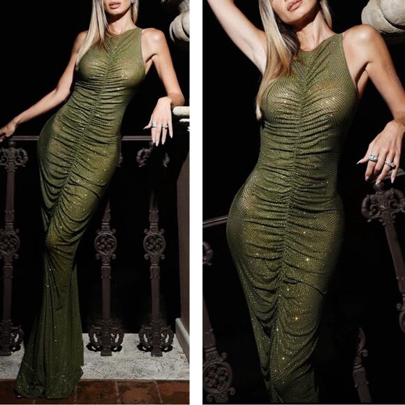 Retrofete Marsann Crystal Embellished Ruched Sheer Green Maxi Dress Size Large - Picture 2 of 11